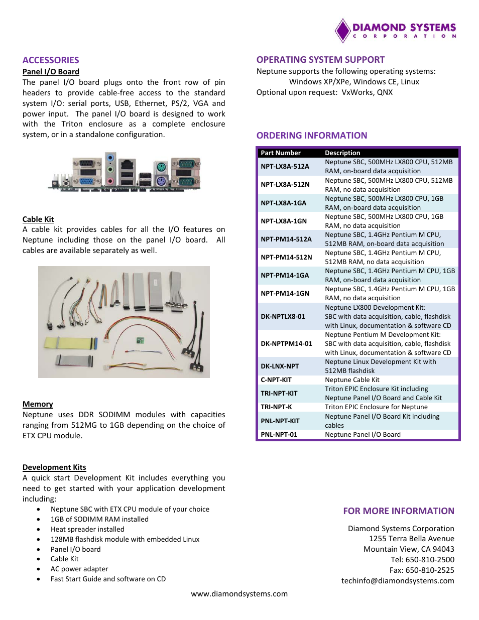 Accessories, For more information, Operating system support | Ordering information | Diamond Systems Neptune User Manual | Page 3 / 3