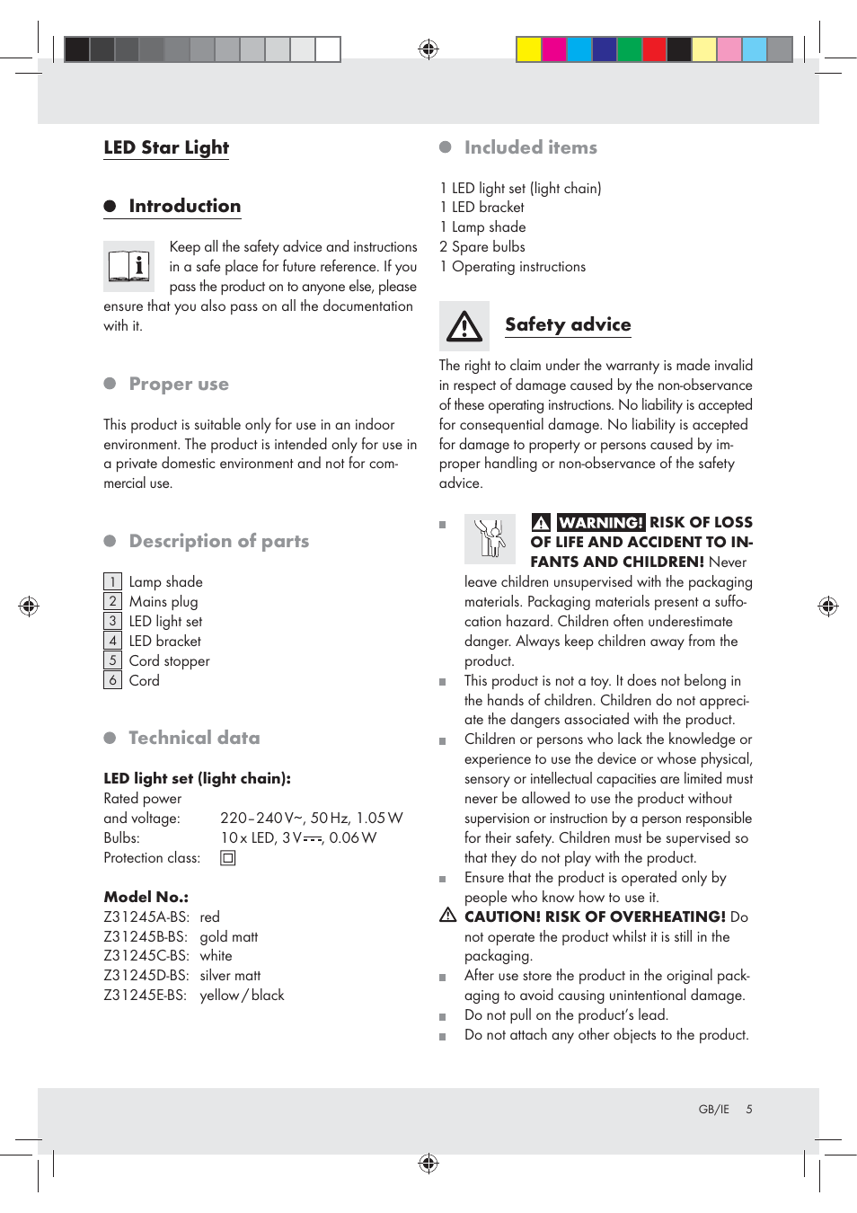 Led star light, Introduction, Proper use | Description of parts, Technical data, Included items, Safety advice | Melinera Z31245 User Manual | Page 5 / 8