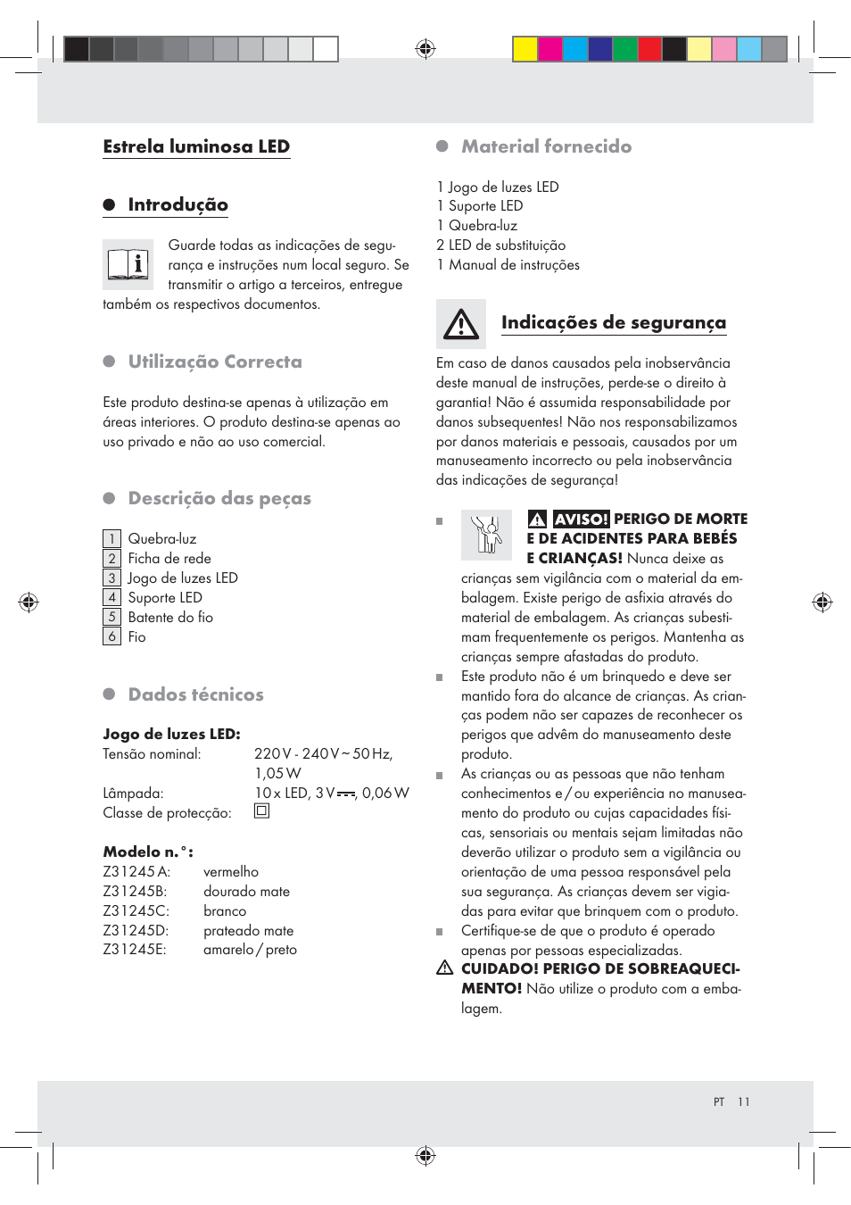 Estrela luminosa led introdução, Utilização correcta, Descrição das peças | Dados técnicos, Material fornecido, Indicações de segurança | Melinera Z31245 User Manual | Page 11 / 20