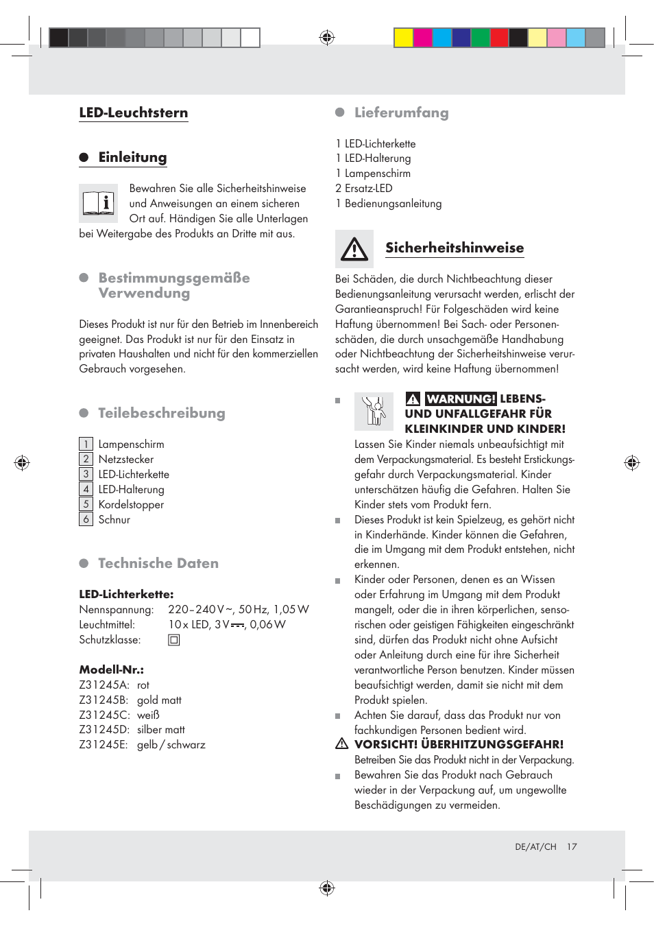 Led-leuchtstern, Einleitung, Bestimmungsgemäße verwendung | Teilebeschreibung, Technische daten, Lieferumfang, Sicherheitshinweise | Melinera Z31245 User Manual | Page 17 / 20