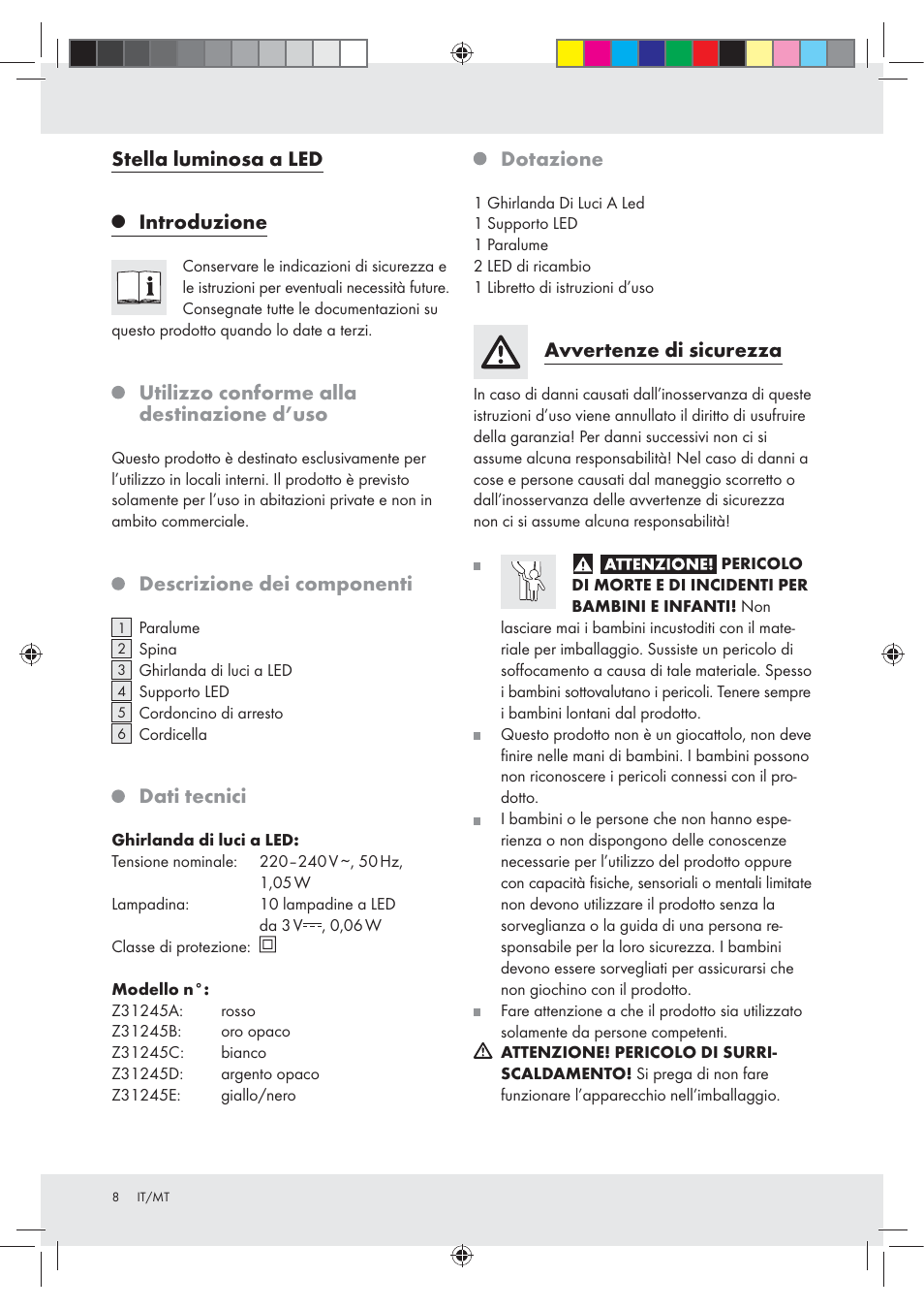 Stella luminosa a led, Introduzione, Utilizzo conforme alla destinazione d’uso | Descrizione dei componenti, Dati tecnici, Dotazione, Avvertenze di sicurezza | Melinera Z31245 User Manual | Page 8 / 20