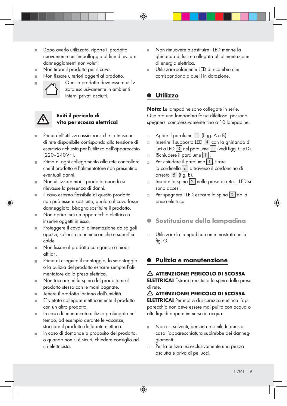 Utilizzo, Sostituzione della lampadina, Pulizia e manutenzione | Melinera Z31245 User Manual | Page 9 / 20
