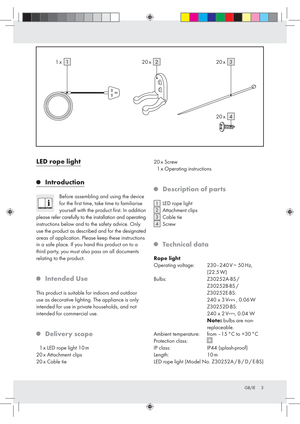 Led rope light introduction, Intended use, Delivery scope | Description of parts, Technical data | Melinera Z30252 User Manual | Page 3 / 6