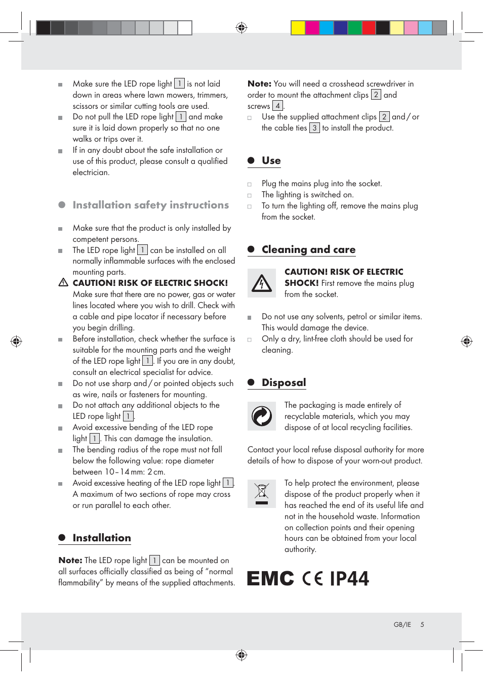 Installation safety instructions, Installation, Cleaning and care | Disposal | Melinera Z30252 User Manual | Page 5 / 6