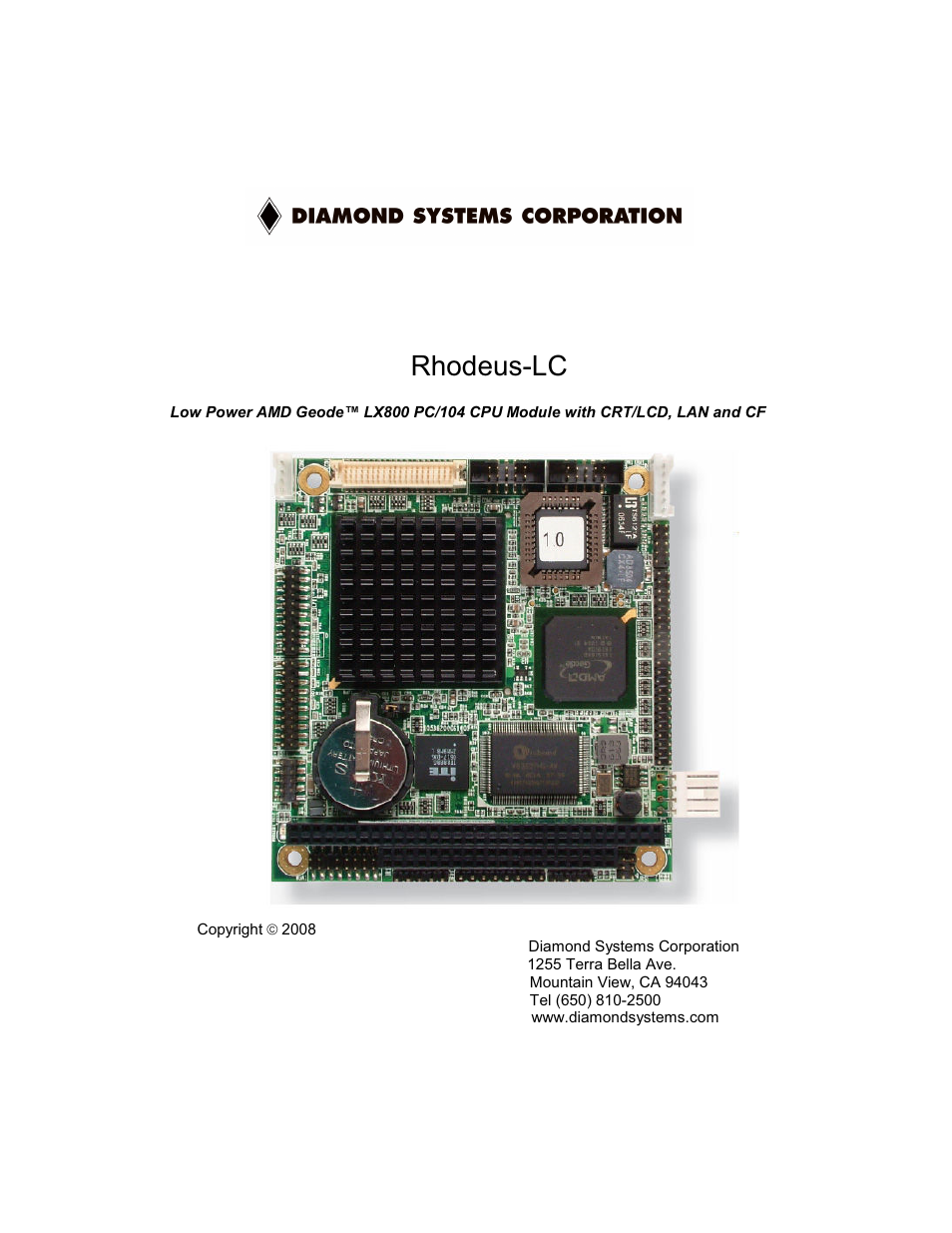 Diamond Systems Rhodeus-LC LX800 PC/104 User Manual | 57 pages