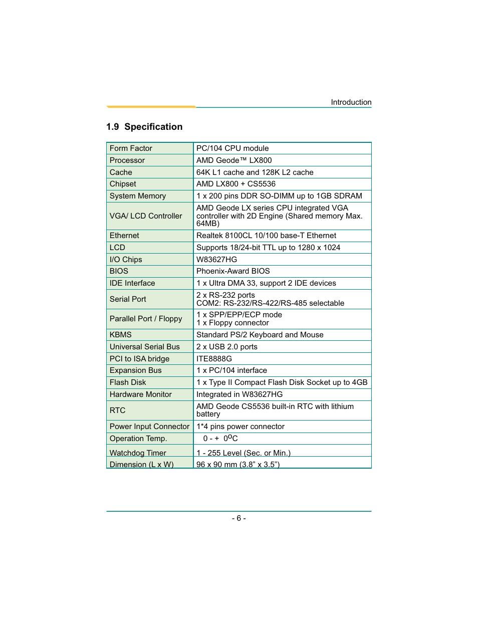 Diamond Systems Rhodeus-LC LX800 PC/104 User Manual | Page 9 / 57