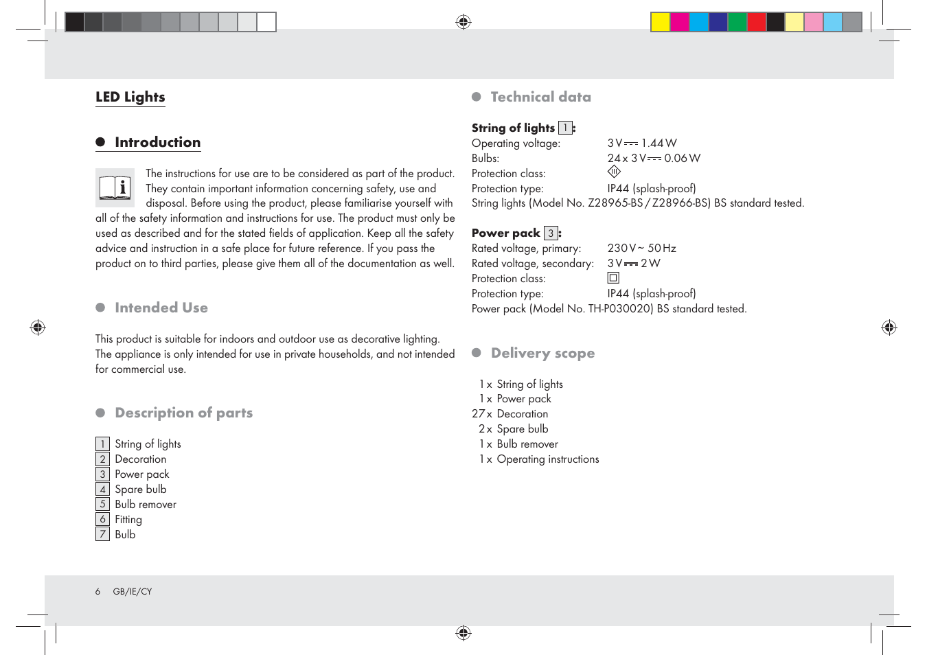 Led lights introduction, Intended use, Description of parts | Technical data, Delivery scope | Melinera Z28965-BS User Manual | Page 6 / 16