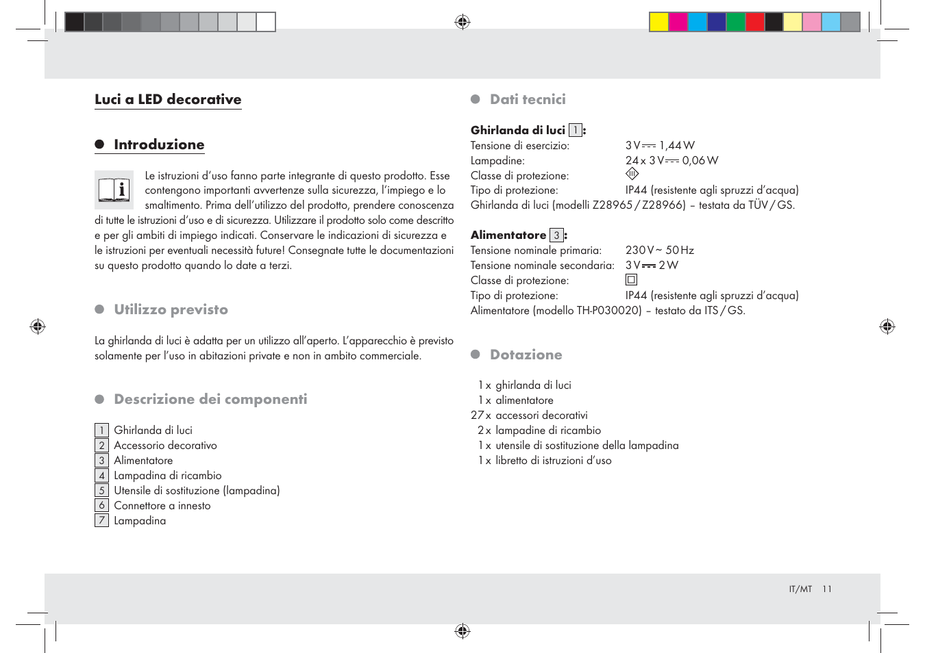Luci a led decorative introduzione, Utilizzo previsto, Descrizione dei componenti | Dati tecnici, Dotazione | Melinera Z28965-BS User Manual | Page 11 / 30