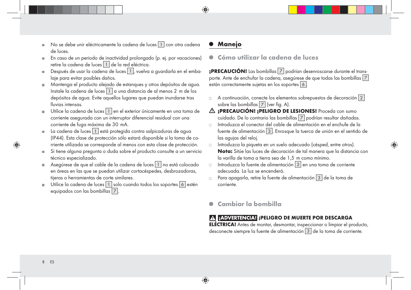 Manejo cómo utilizar la cadena de luces, Cambiar la bombilla | Melinera Z28965-BS User Manual | Page 8 / 30