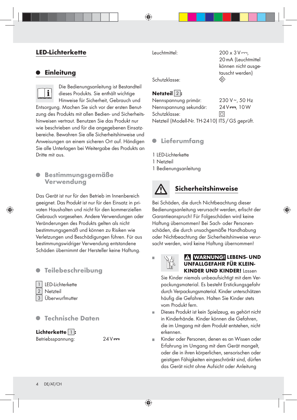 Led-lichterkette, Einleitung, Bestimmungsgemäße verwendung | Teilebeschreibung, Technische daten, Lieferumfang, Sicherheitshinweise | Melinera Z30251-BS User Manual | Page 4 / 13