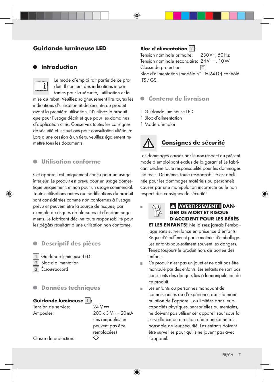 Guirlande lumineuse led, Introduction, Utilisation conforme | Descriptif des pièces, Données techniques, Contenu de livraison, Consignes de sécurité | Melinera Z30251-BS User Manual | Page 7 / 13