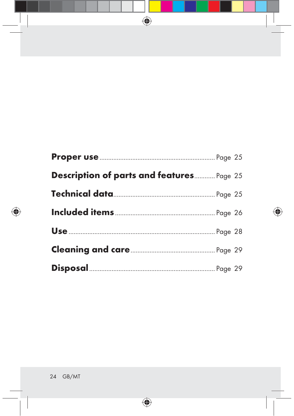 Proper use, Description of parts and features, Technical data | Included items, Cleaning and care, Disposal | Melinera Z30171-BS User Manual | Page 24 / 37