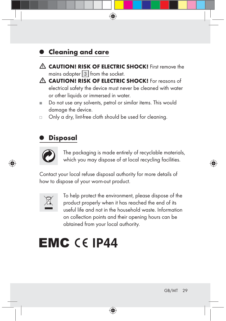 Cleaning and care, Disposal | Melinera Z30171-BS User Manual | Page 29 / 37
