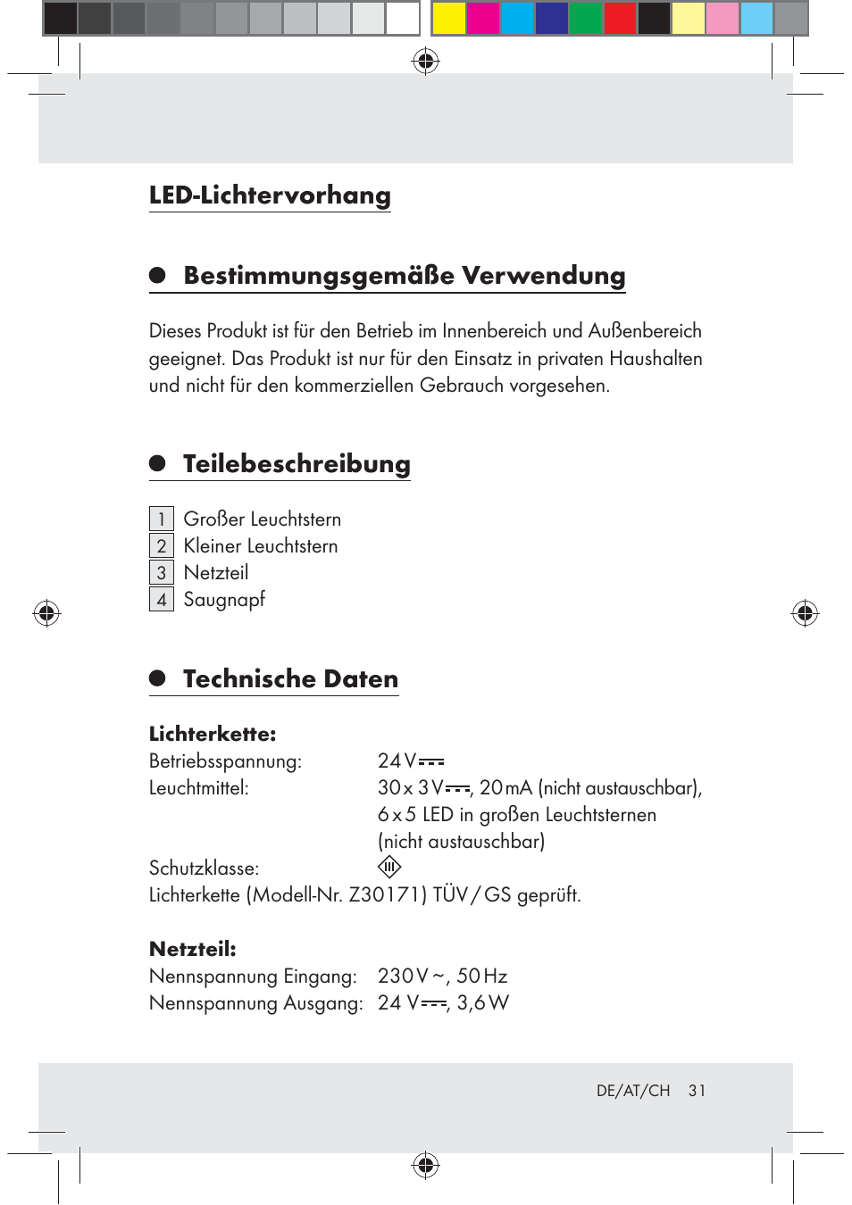 Led-lichtervorhang, Bestimmungsgemäße verwendung, Teilebeschreibung | Technische daten | Melinera Z30171-BS User Manual | Page 31 / 37