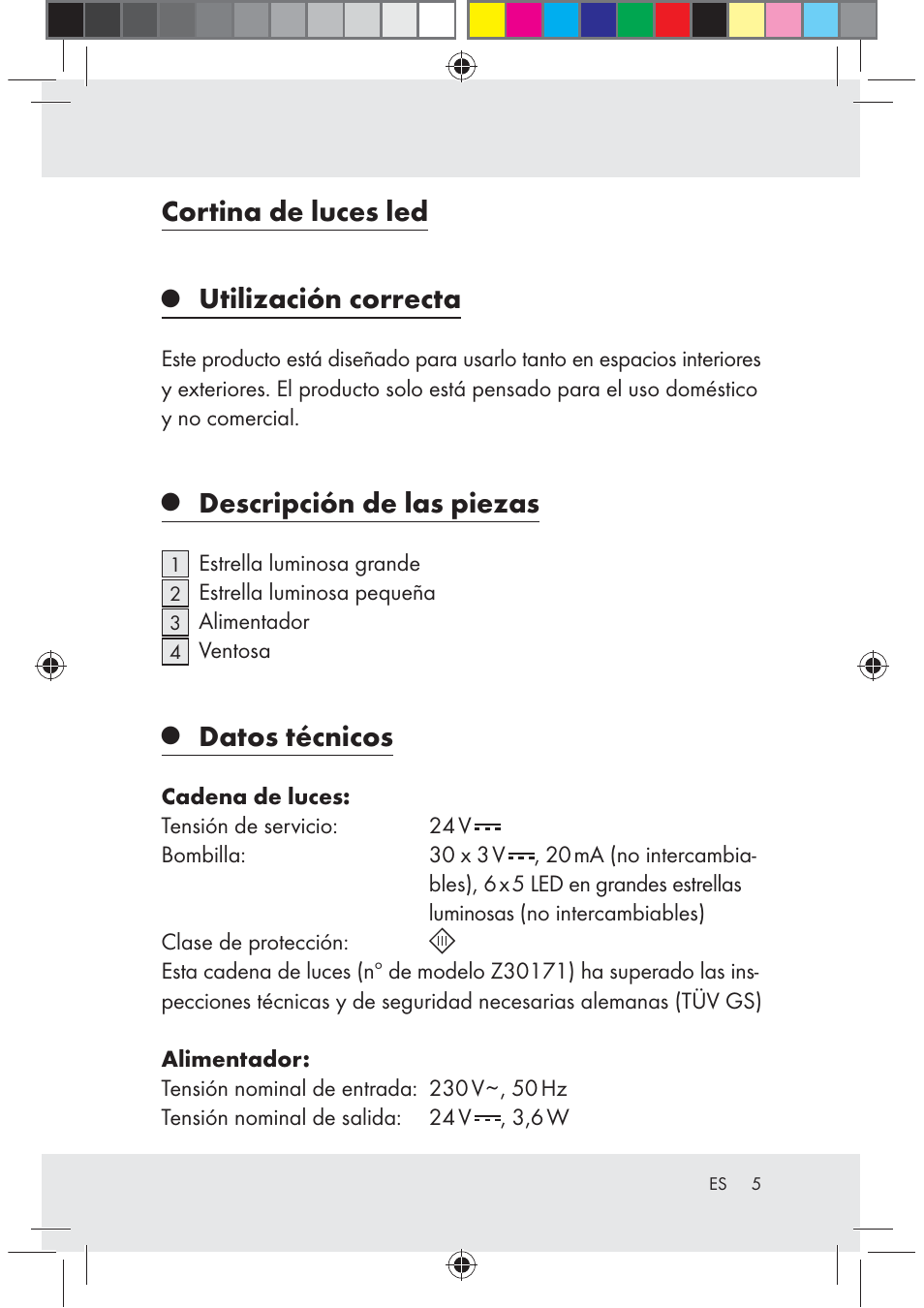 Cortina de luces led, Utilización correcta, Descripción de las piezas | Datos técnicos | Melinera Z30171-BS User Manual | Page 5 / 37