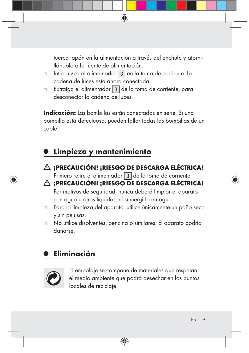 Limpieza y mantenimiento, Eliminación | Melinera Z30171-BS User Manual | Page 9 / 37