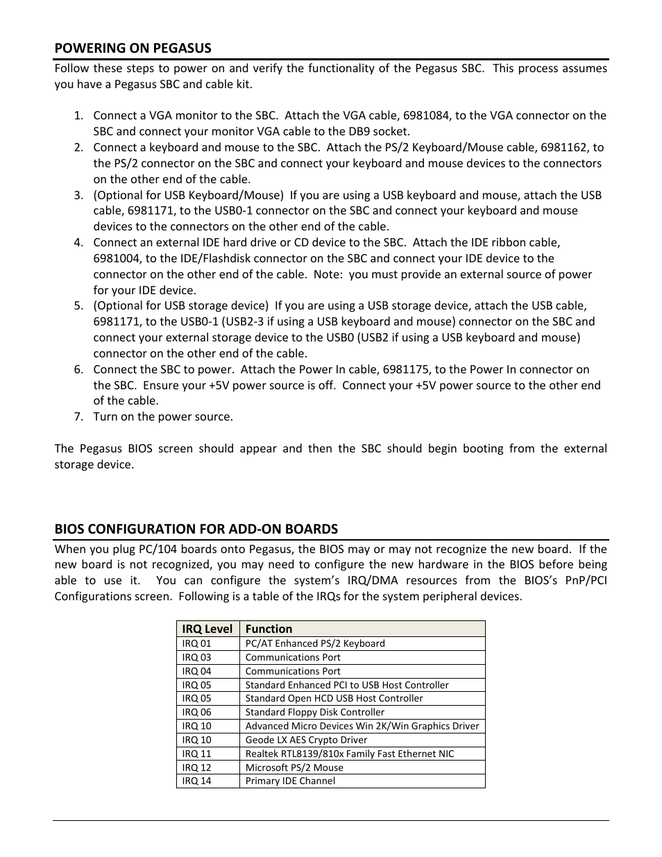 Powering on pegasus, Bios configuration for add‐on boards | Diamond Systems C-PGS-KIT User Manual | Page 10 / 12