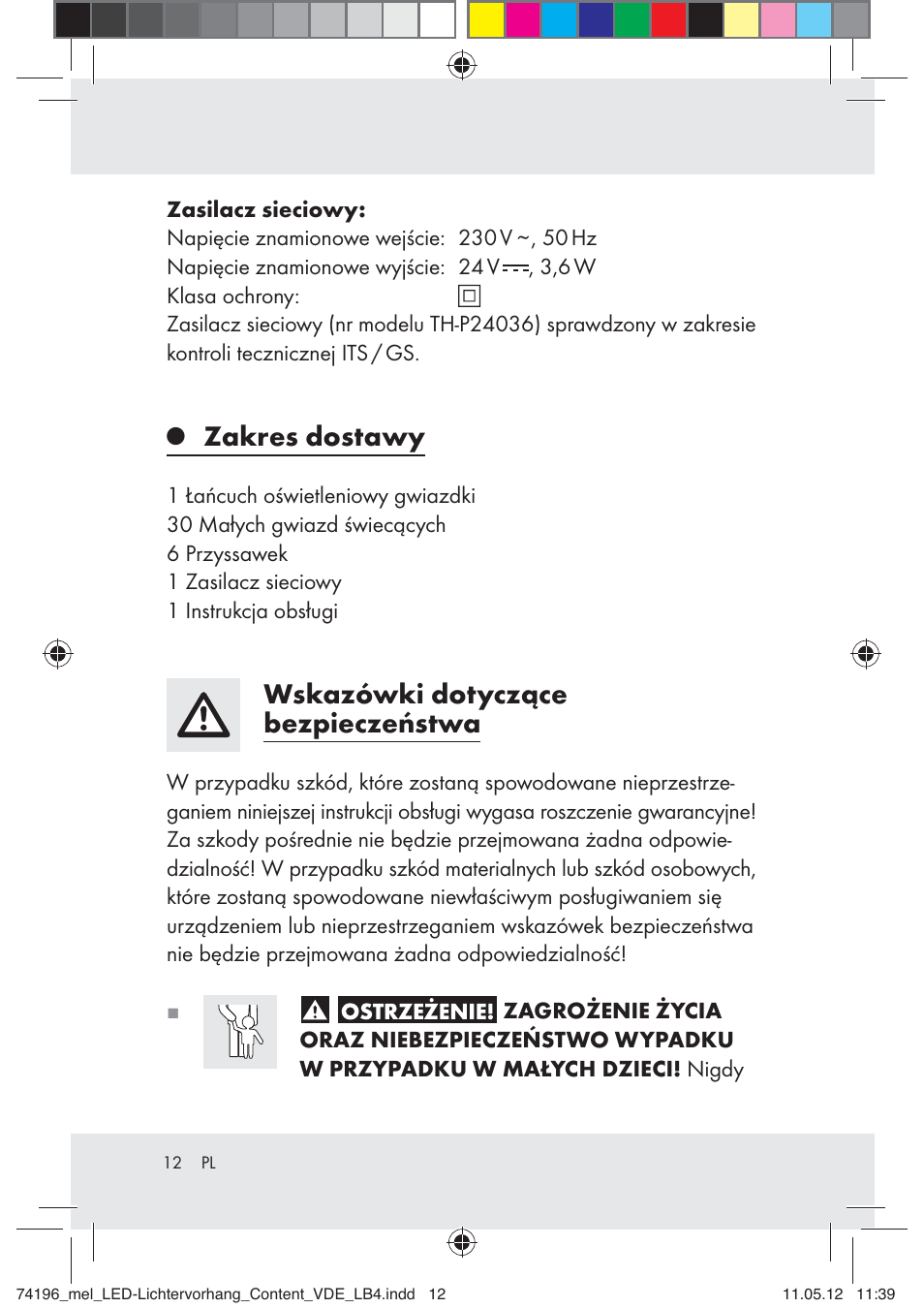 Zakres dostawy, Wskazówki dotyczące bezpieczeństwa | Melinera Z30171-BS User Manual | Page 12 / 48