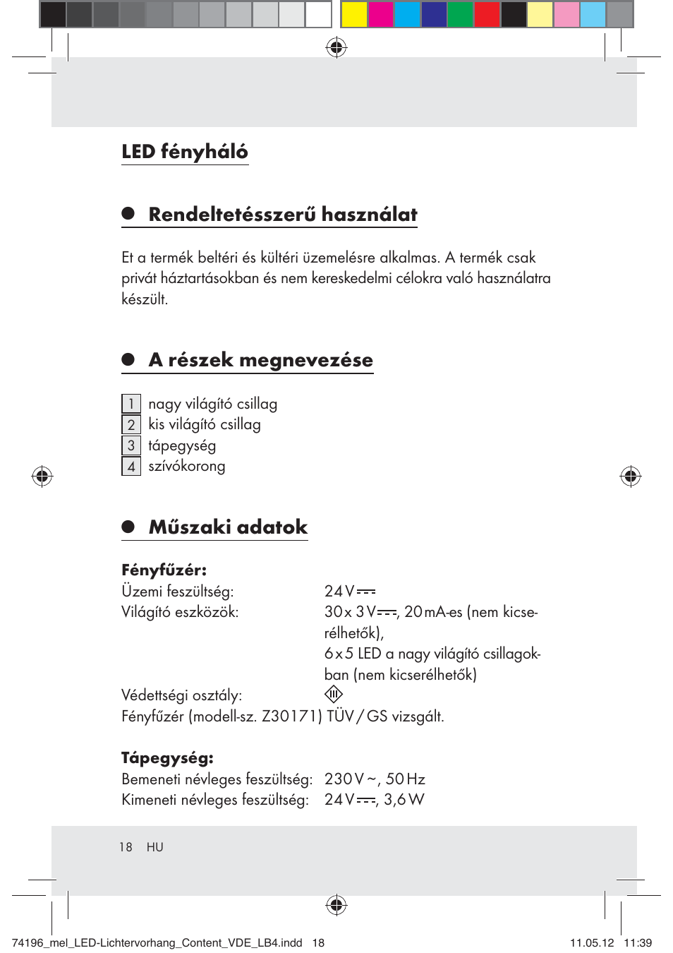 Led fényháló, Rendeltetésszerű használat, A részek megnevezése | Műszaki adatok | Melinera Z30171-BS User Manual | Page 18 / 48