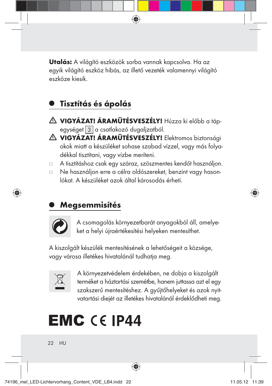 Tisztítás és ápolás, Megsemmisítés | Melinera Z30171-BS User Manual | Page 22 / 48