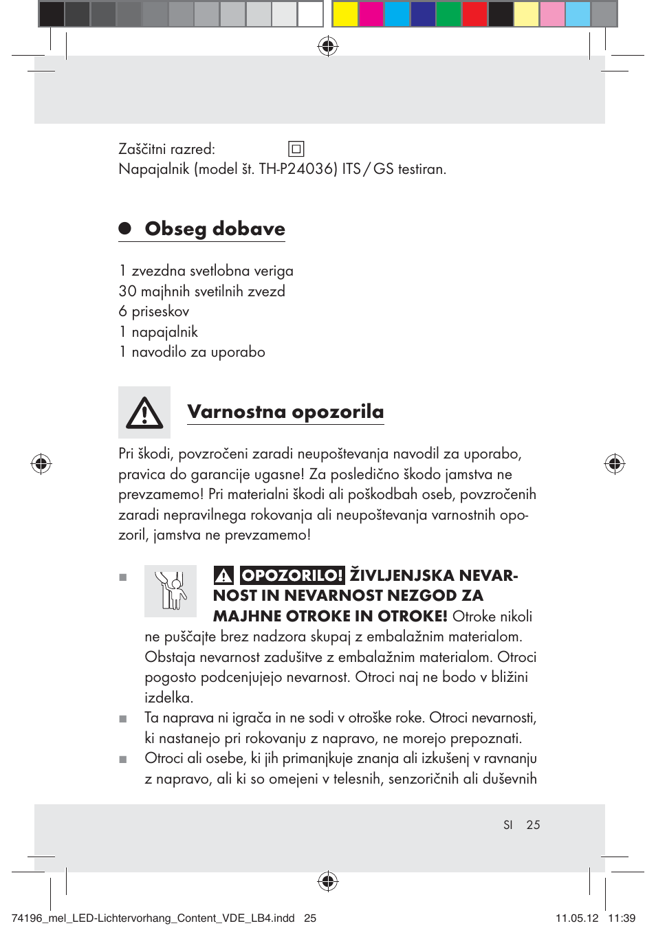 Obseg dobave, Varnostna opozorila | Melinera Z30171-BS User Manual | Page 25 / 48