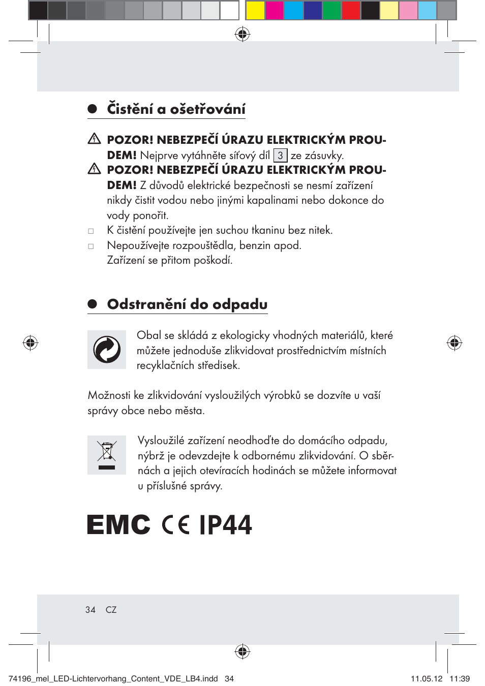 Čistění a ošetřování, Odstranění do odpadu | Melinera Z30171-BS User Manual | Page 34 / 48