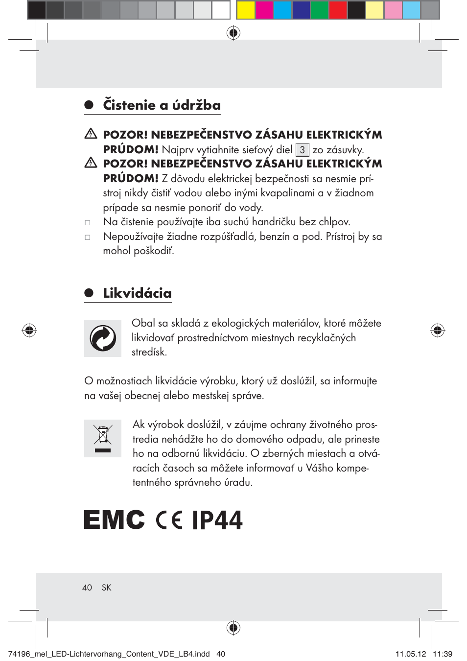 Čistenie a údržba, Likvidácia | Melinera Z30171-BS User Manual | Page 40 / 48