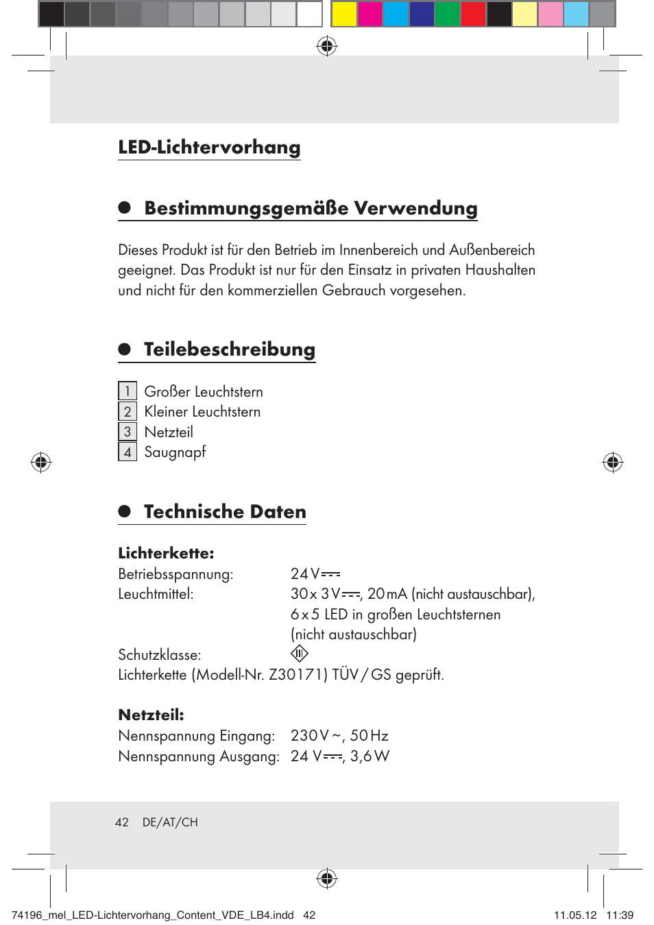 Led-lichtervorhang, Bestimmungsgemäße verwendung, Teilebeschreibung | Technische daten | Melinera Z30171-BS User Manual | Page 42 / 48