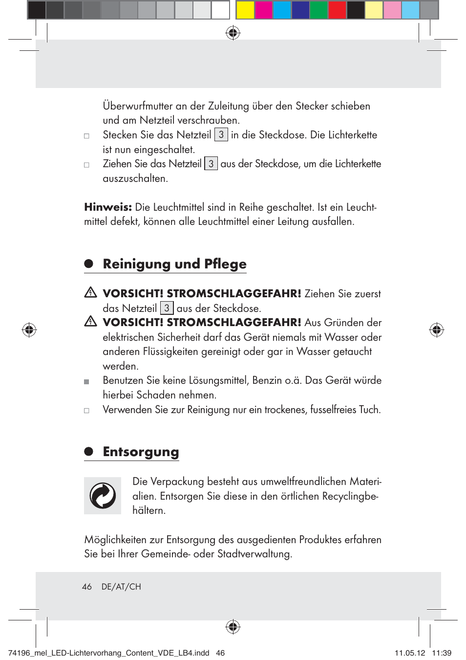 Reinigung und pﬂege, Entsorgung | Melinera Z30171-BS User Manual | Page 46 / 48