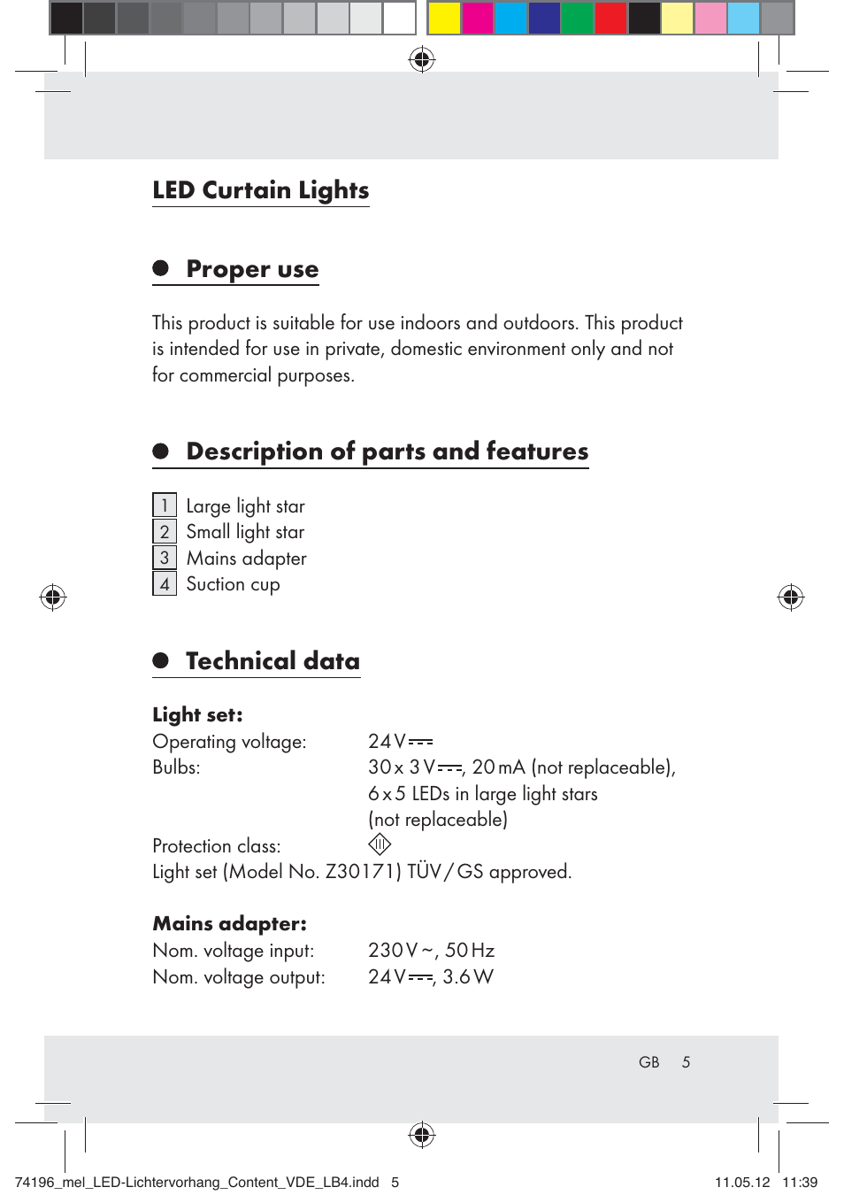 Led curtain lights, Proper use, Description of parts and features | Technical data | Melinera Z30171-BS User Manual | Page 5 / 48