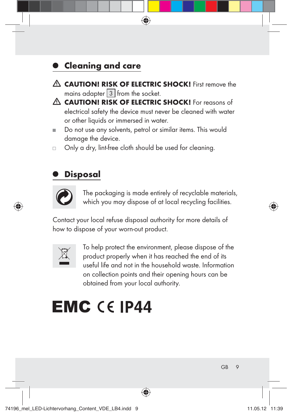 Cleaning and care, Disposal | Melinera Z30171-BS User Manual | Page 9 / 48