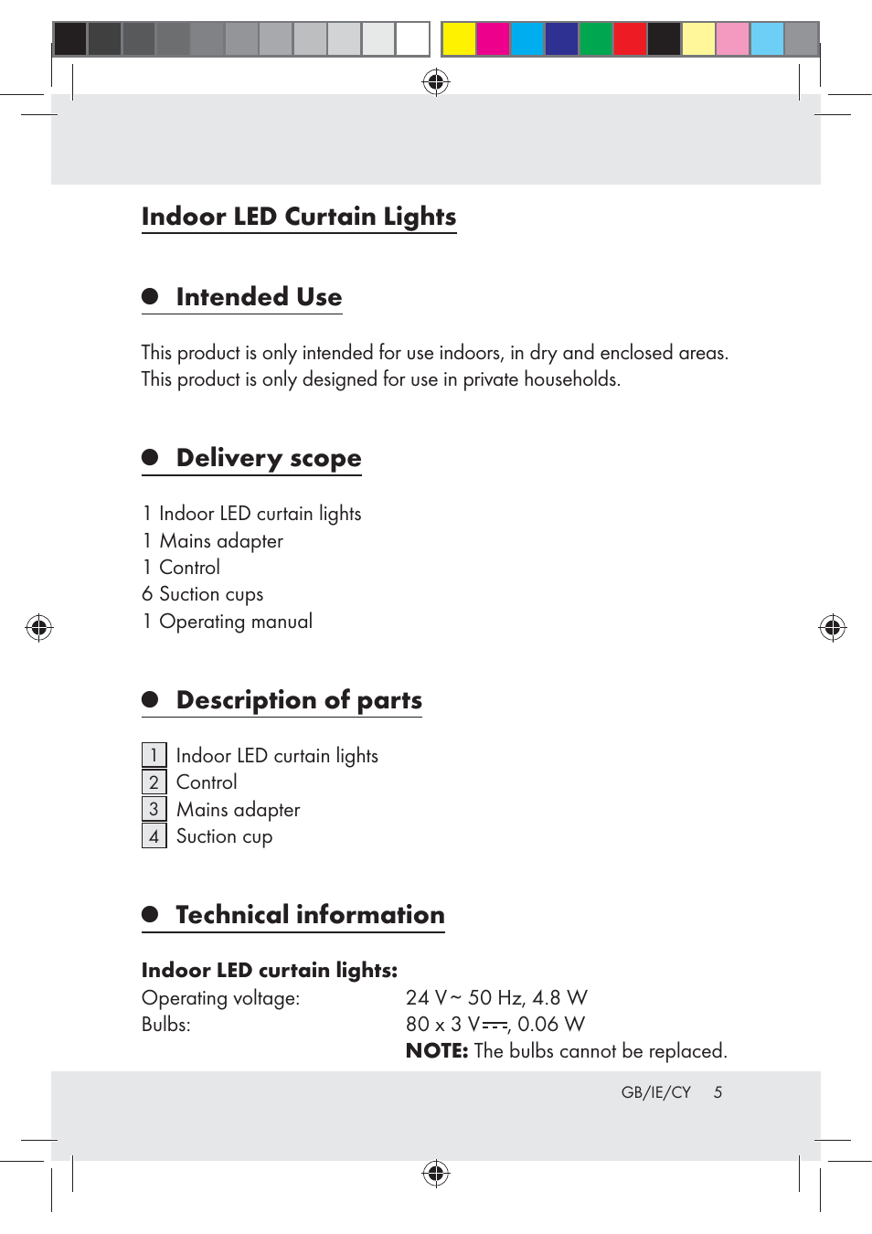 Indoor led curtain lights, Intended use, Delivery scope | Description of parts, Technical information | Melinera Z30253-BS User Manual | Page 5 / 17