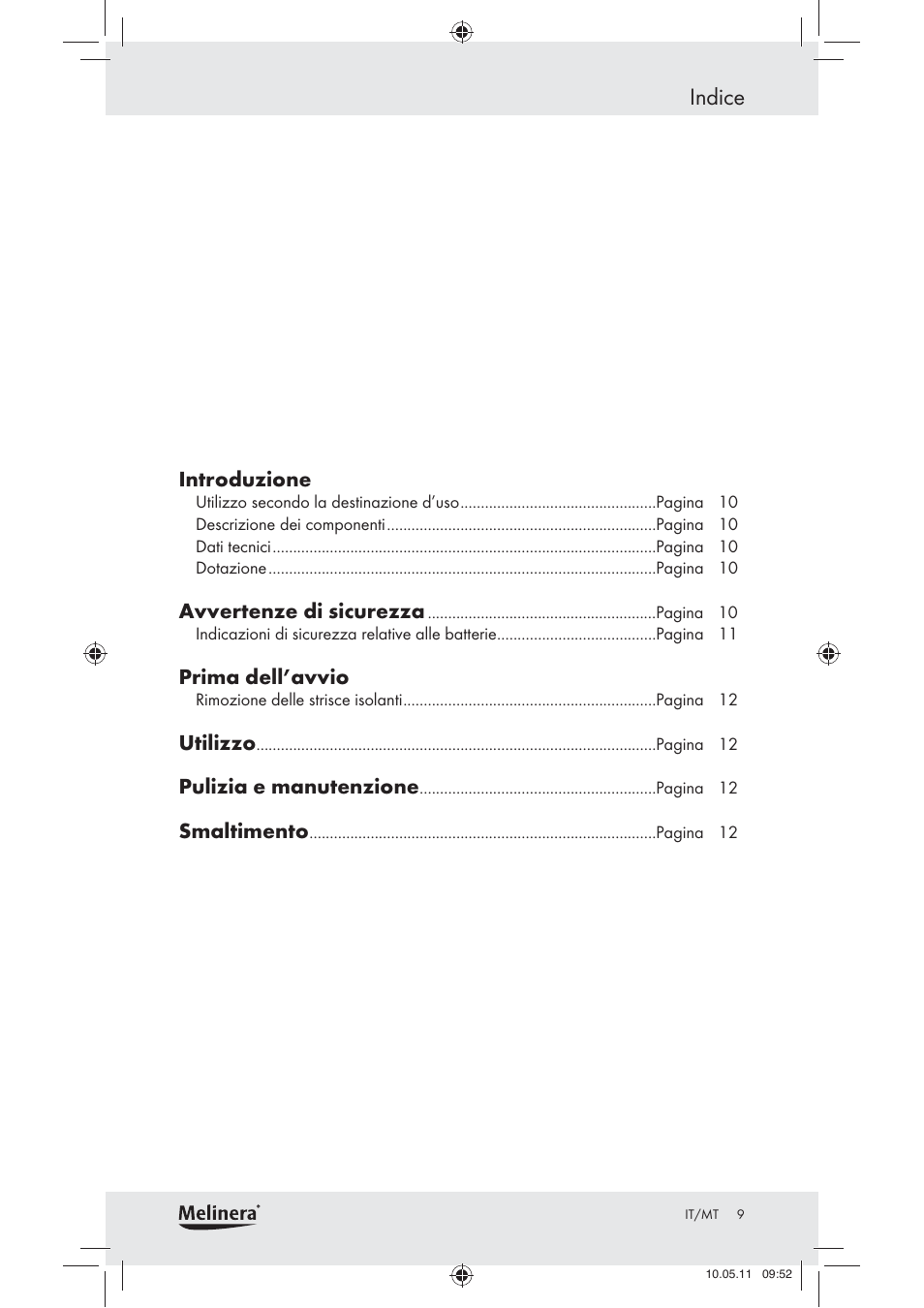 Indice | Melinera Z30905 User Manual | Page 11 / 30