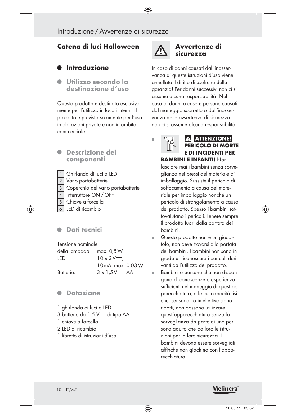 Introduzione / avvertenze di sicurezza | Melinera Z30905 User Manual | Page 12 / 30