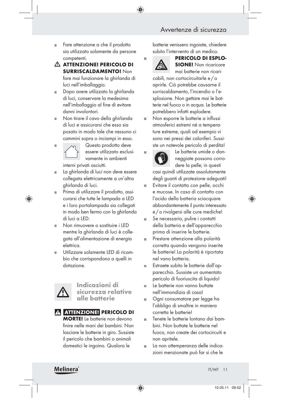 Avvertenze di sicurezza, Indicazioni di sicurezza relative alle batterie | Melinera Z30905 User Manual | Page 13 / 30