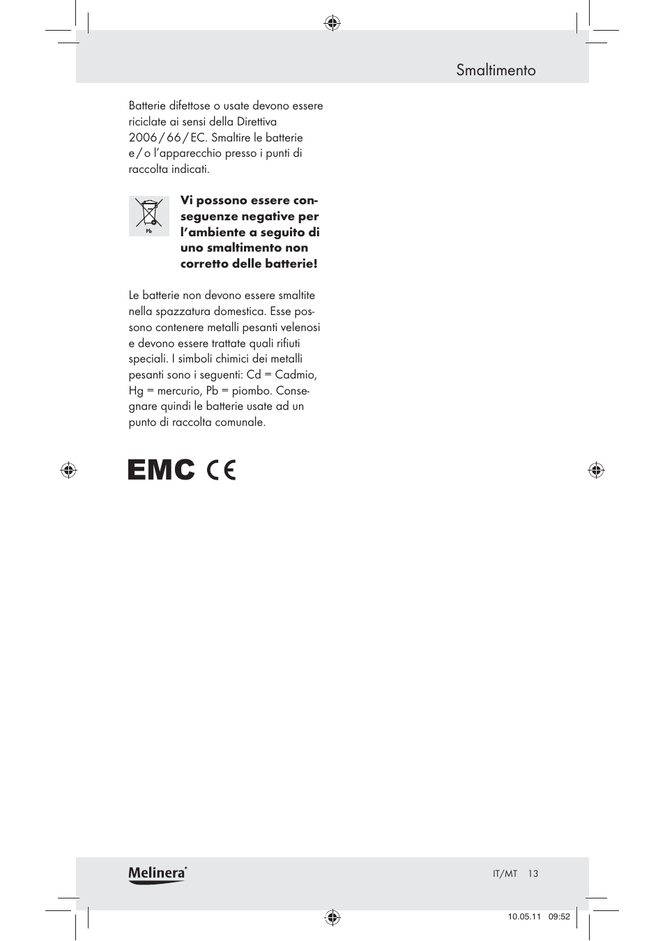 Smaltimento | Melinera Z30905 User Manual | Page 15 / 30