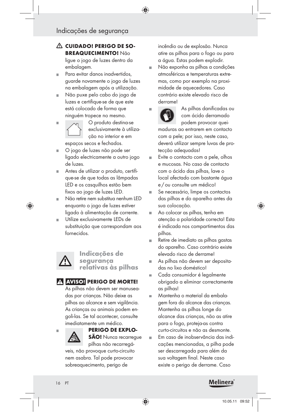 Indicações de segurança, Indicações de segurança relativas às pilhas | Melinera Z30905 User Manual | Page 18 / 30