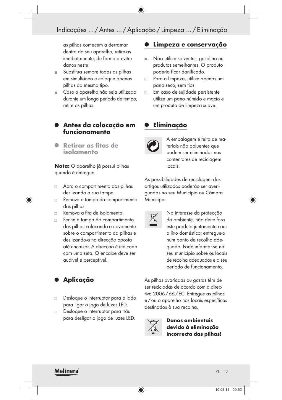 Aplicação, Limpeza e conservação, Eliminação | Melinera Z30905 User Manual | Page 19 / 30