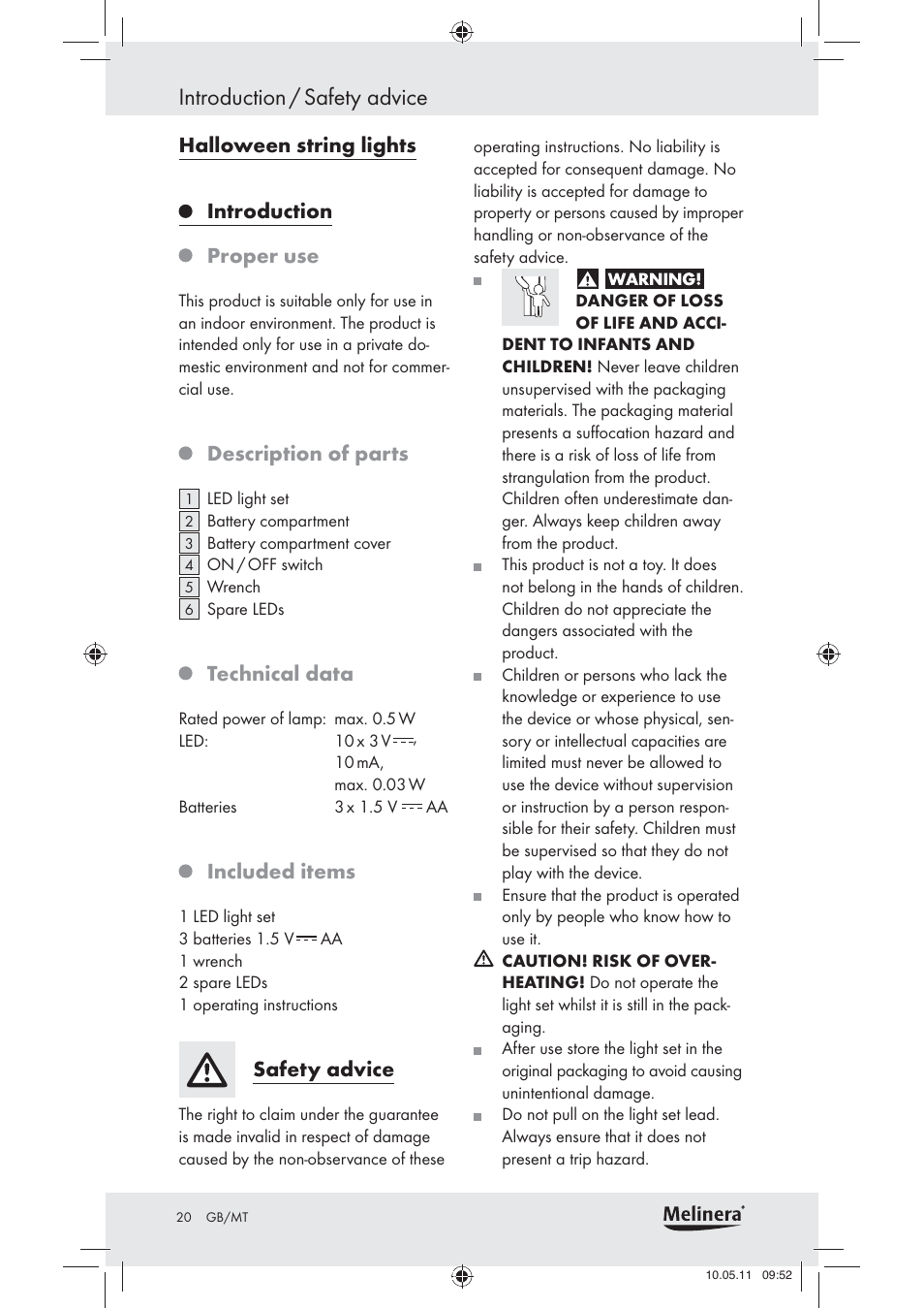 Introduction / safety advice, Halloween string lights introduction proper use, Description of parts | Technical data, Included items, Safety advice | Melinera Z30905 User Manual | Page 22 / 30