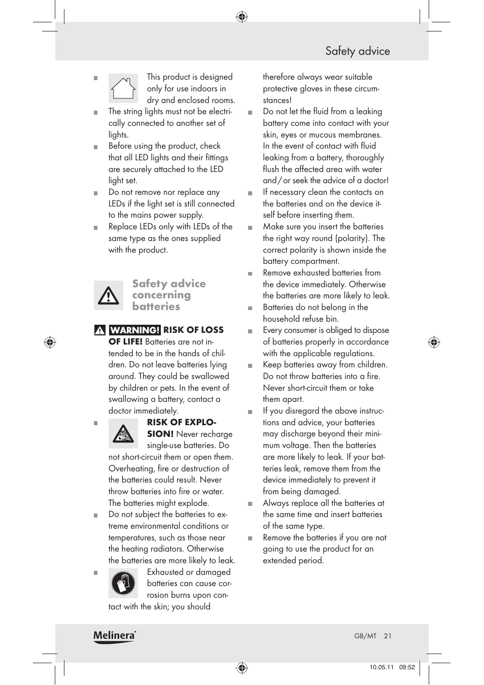 Safety advice, Safety advice concerning batteries | Melinera Z30905 User Manual | Page 23 / 30