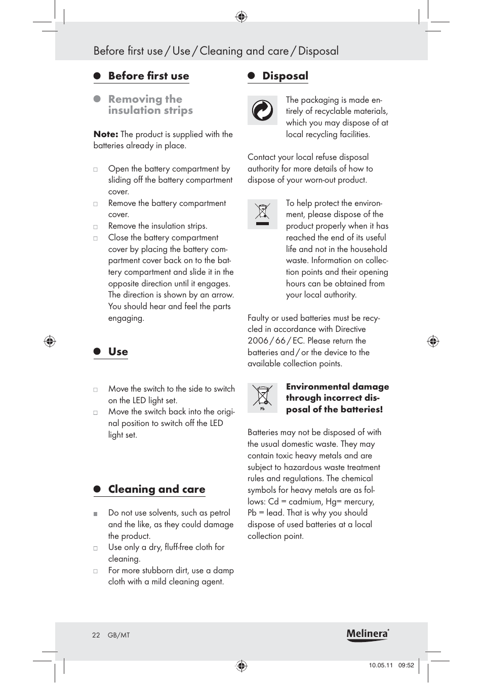Before ﬁrst use, Removing the insulation strips, Cleaning and care | Disposal | Melinera Z30905 User Manual | Page 24 / 30