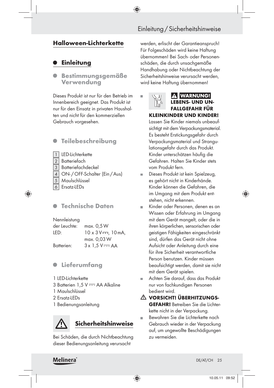 Einleitung / sicherheit shinweise, Halloween-lichterkette, Einleitung | Bestimmungsgemäße verwendung, Teilebeschreibung, Technische daten, Lieferumfang, Sicherheitshinweise | Melinera Z30905 User Manual | Page 27 / 30