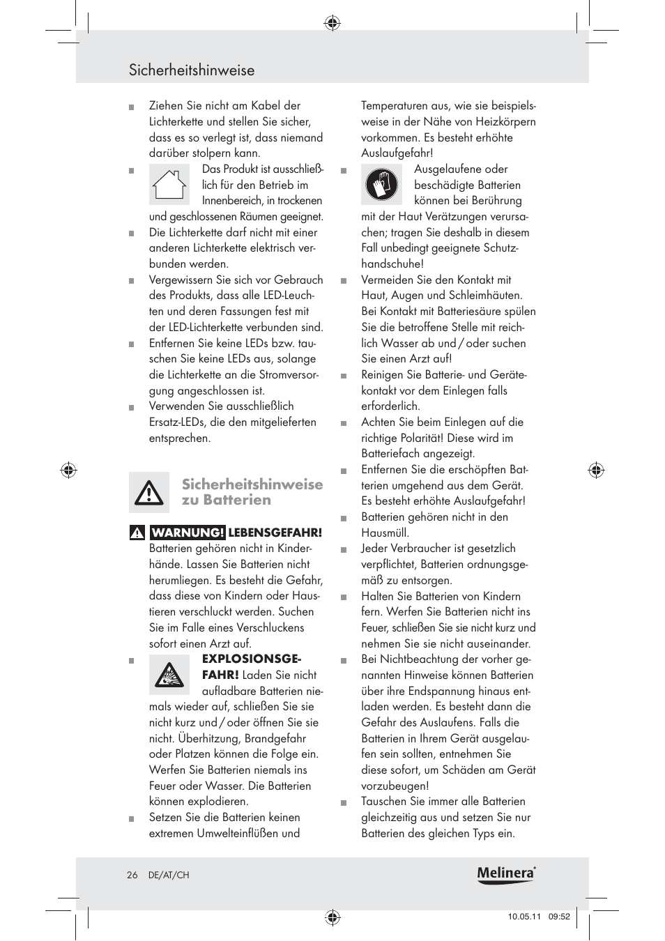 Sicherheit shinweise, Sicherheits hinweise zu batterien | Melinera Z30905 User Manual | Page 28 / 30