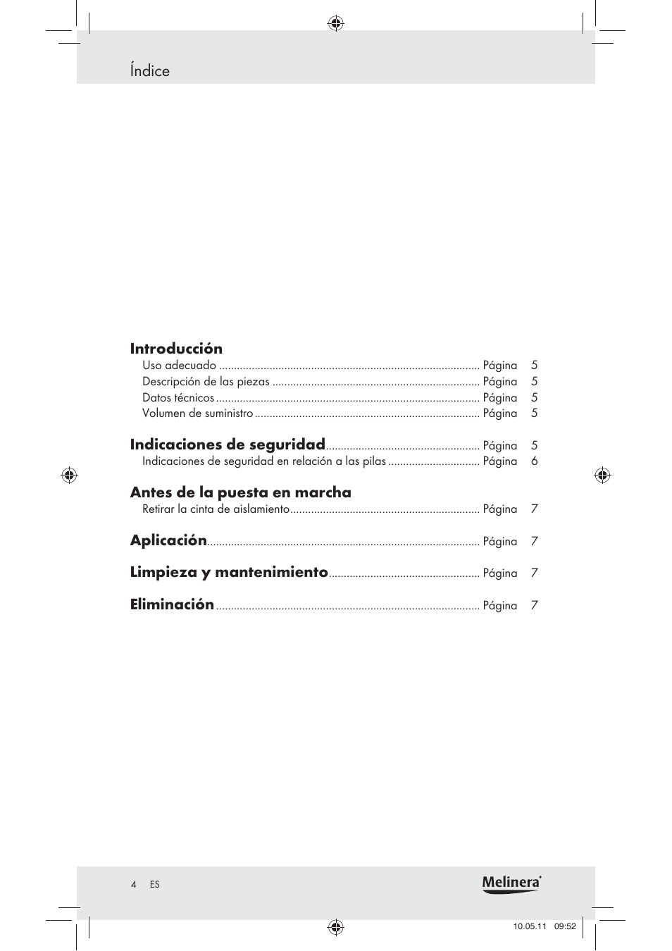 Índice | Melinera Z30905 User Manual | Page 6 / 30