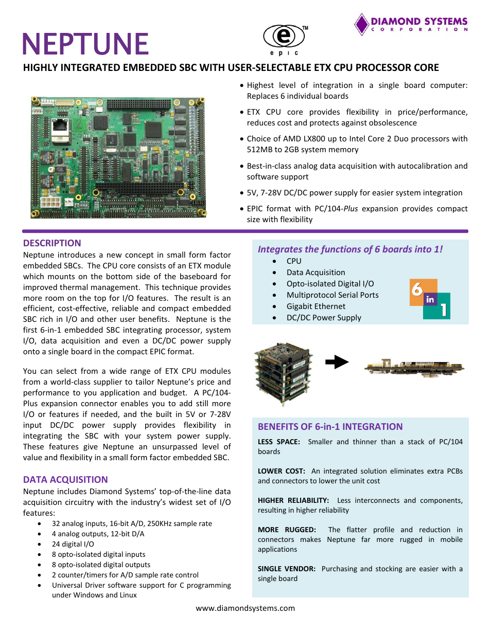 Diamond Systems Highly Integrated Embedded SBC With Userselectable ETX CPU Processor Core User Manual | 3 pages