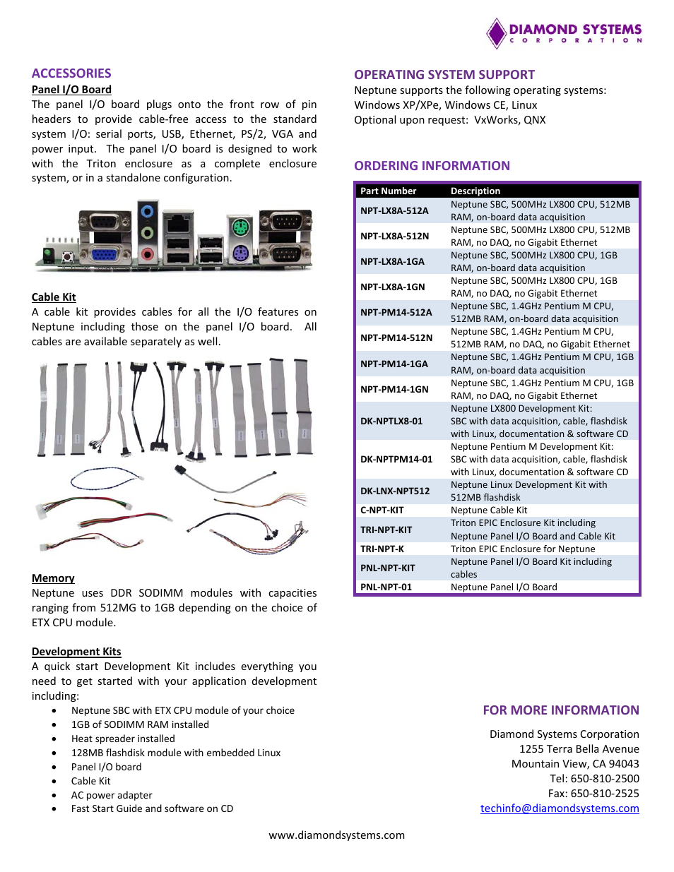 Accessories, For more information, Operating system support | Ordering information | Diamond Systems Highly Integrated Embedded SBC With Userselectable ETX CPU Processor Core User Manual | Page 3 / 3