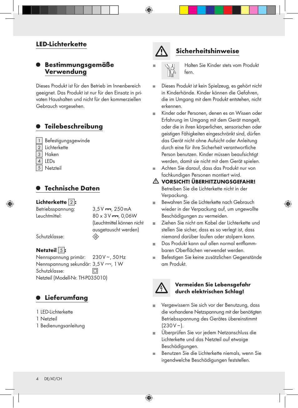 Led-lichterkette bestimmungsgemäße verwendung, Teilebeschreibung, Technische daten | Lieferumfang, Sicherheitshinweise | Melinera Z30891-BS User Manual | Page 4 / 10
