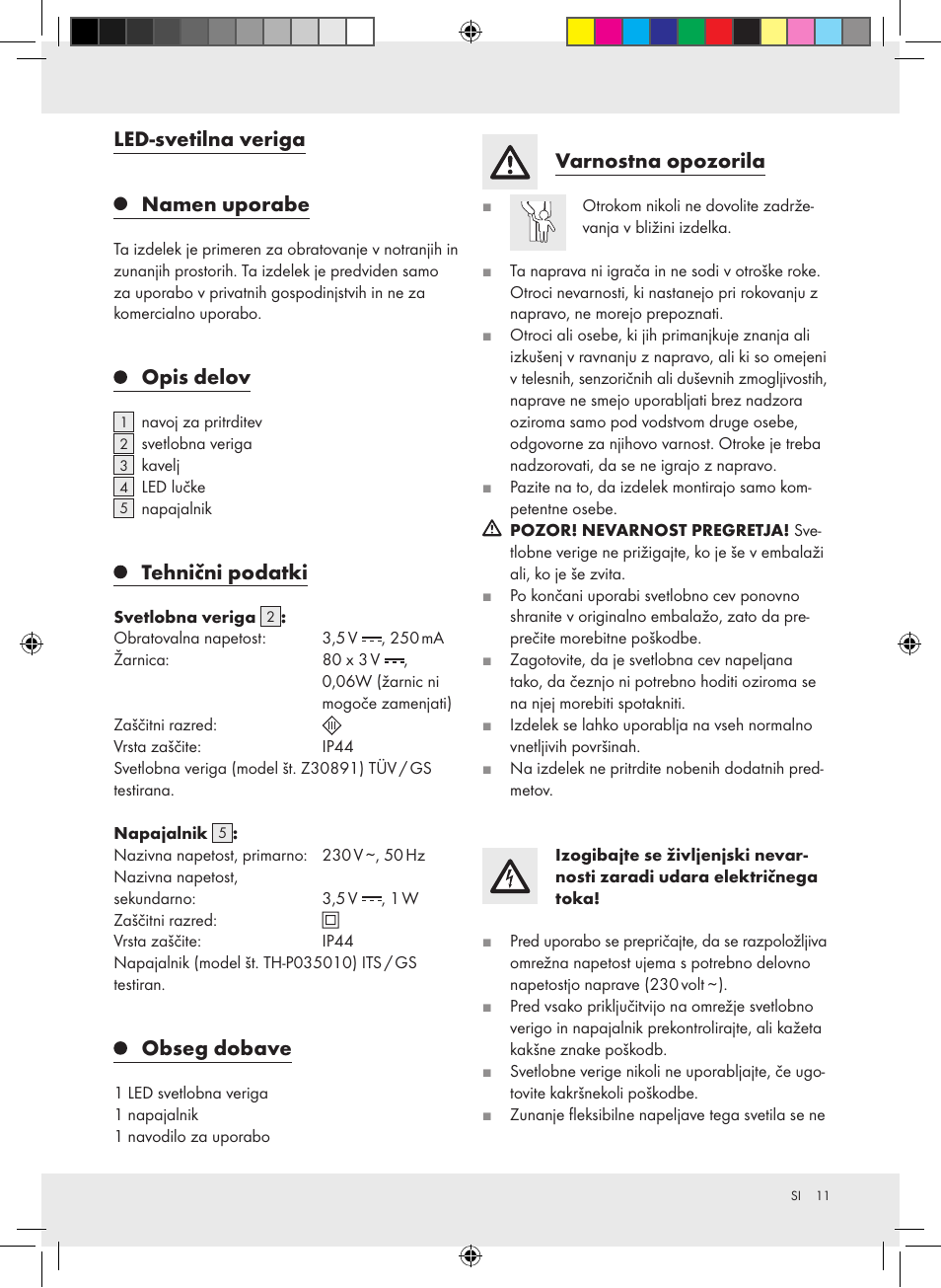 Led-svetilna veriga, Namen uporabe, Opis delov | Tehnični podatki, Obseg dobave, Varnostna opozorila | Melinera Z30891-BS User Manual | Page 11 / 20