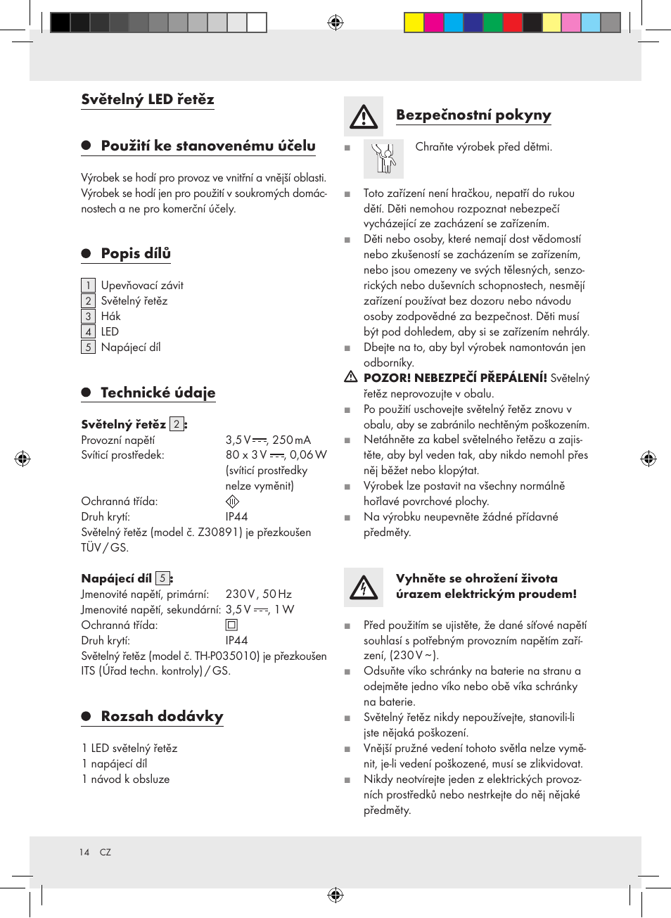 Světelný led řetěz, Použití ke stanovenému účelu, Popis dílů | Technické údaje, Rozsah dodávky, Bezpečnostní pokyny | Melinera Z30891-BS User Manual | Page 14 / 20