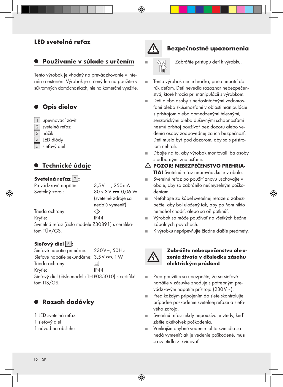 Led svetelná reťaz, Používanie v súlade s určením, Opis dielov | Technické údaje, Rozsah dodávky, Bezpečnostné upozornenia | Melinera Z30891-BS User Manual | Page 16 / 20